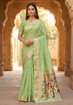 Parrot Green Woven Design Organza Saree Set