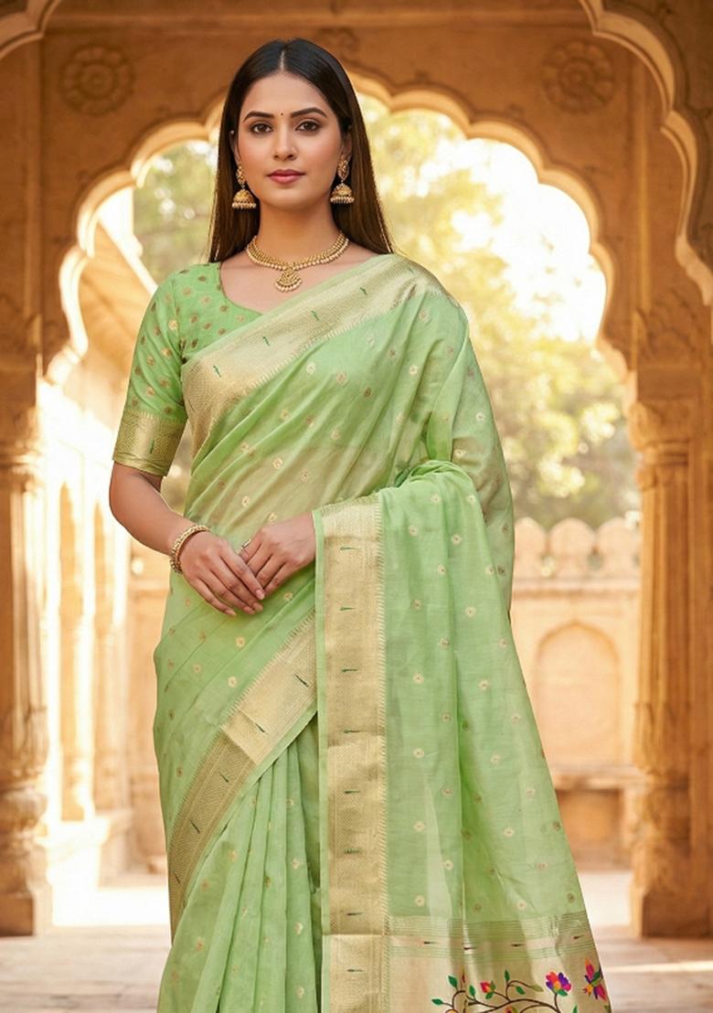 Parrot Green Woven Design Organza Saree Set - Indya