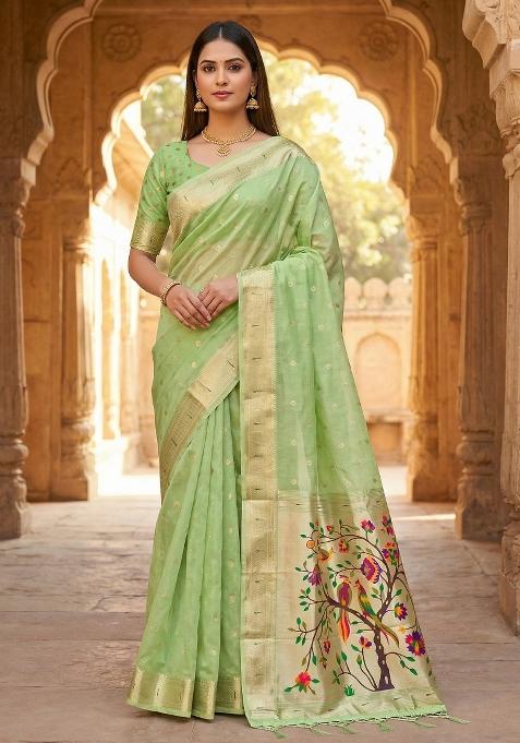 Parrot Green Woven Design Organza Saree Set