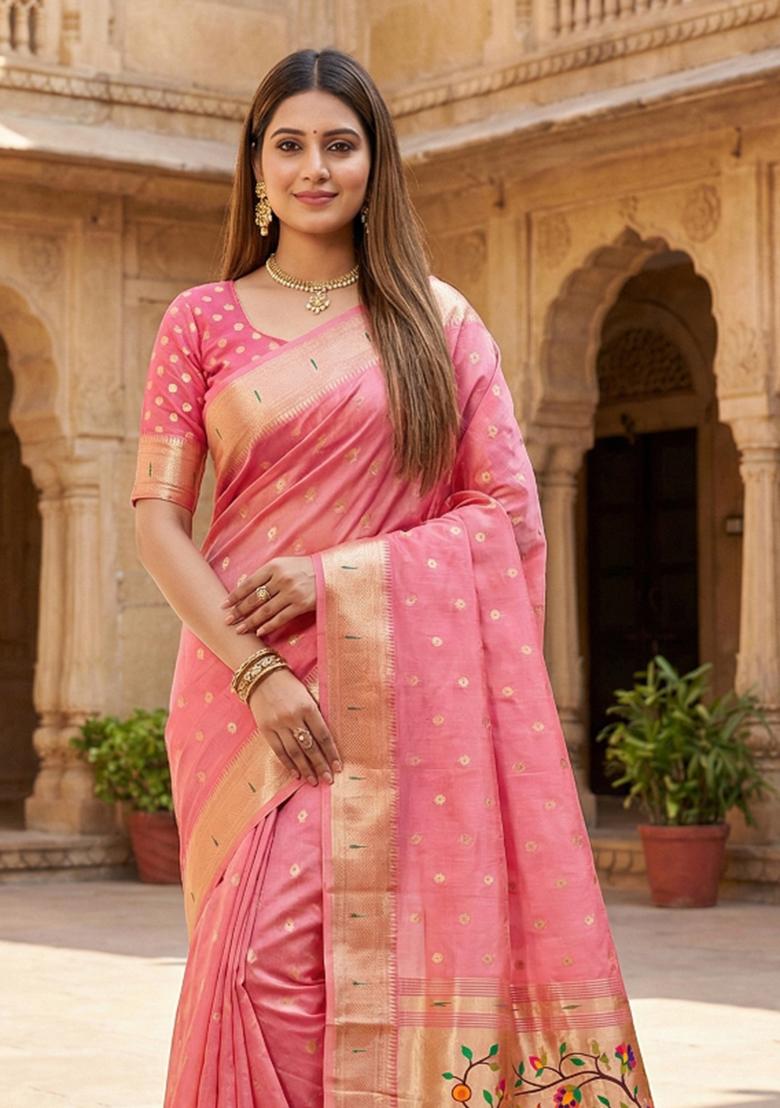 Pink Woven Design Organza Saree Set - Indya