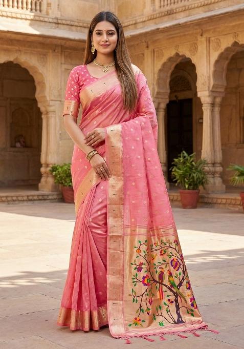 Pink Woven Design Organza Saree Set