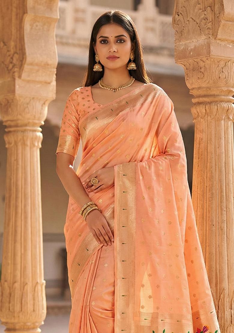 Peach Woven Design Organza Saree Set - Indya