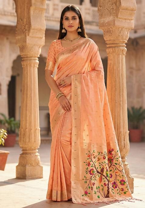 Peach Woven Design Organza Saree Set
