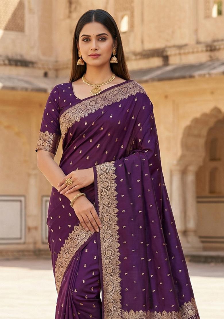 Wine Woven Design Silk Saree Set - Indya