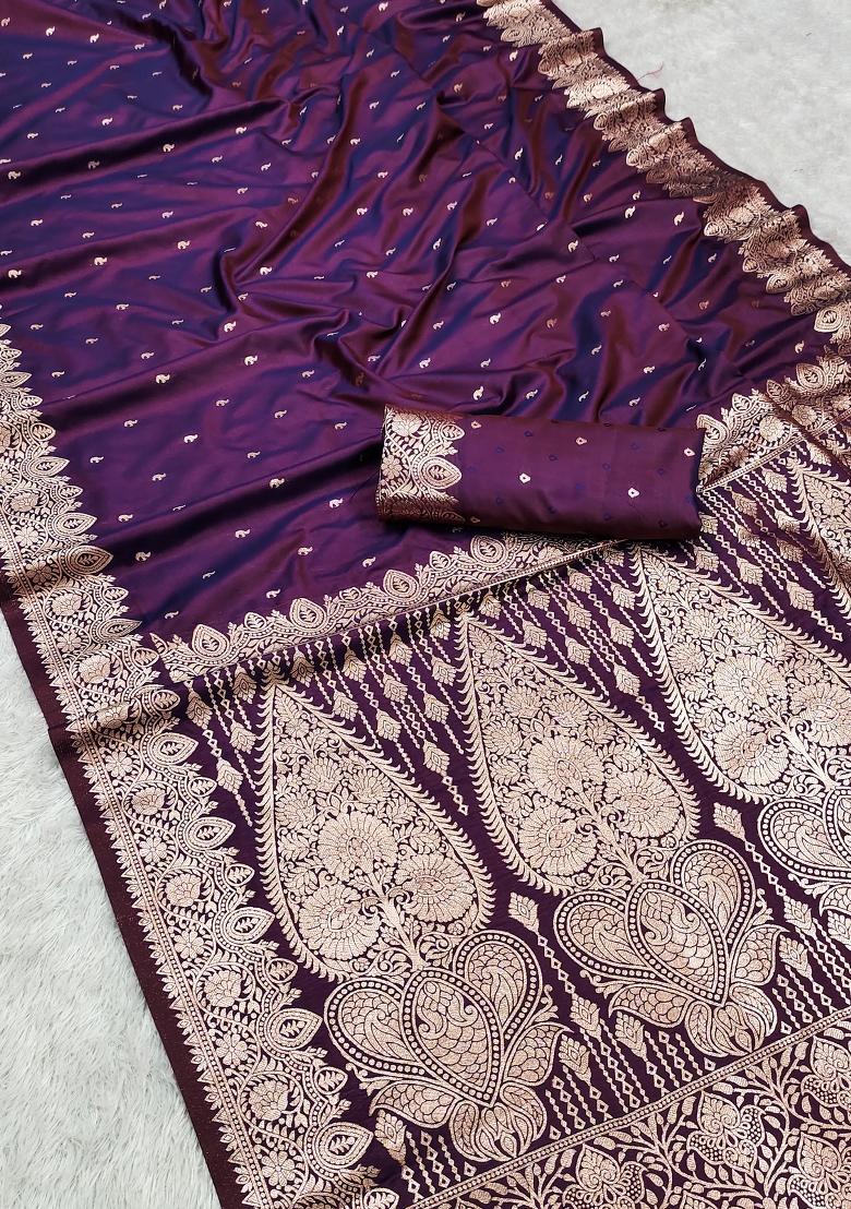 Wine Woven Design Silk Saree Set - Indya