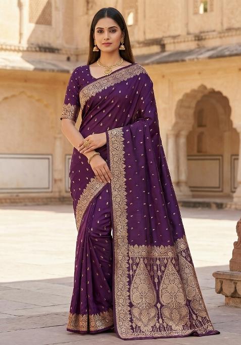 Wine Woven Design Silk Saree Set