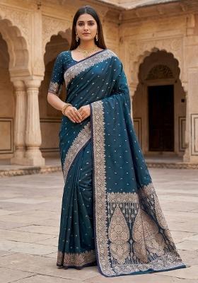 Blue Woven Design Silk Saree Set