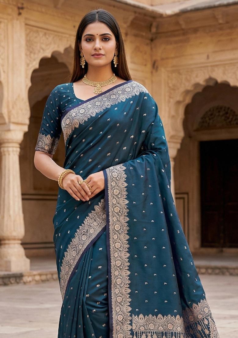 Blue Woven Design Silk Saree Set - Indya