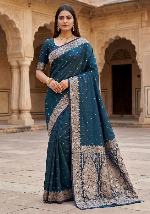 Blue Woven Design Silk Saree Set
