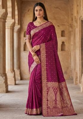 Pink Woven Design Silk Saree Set