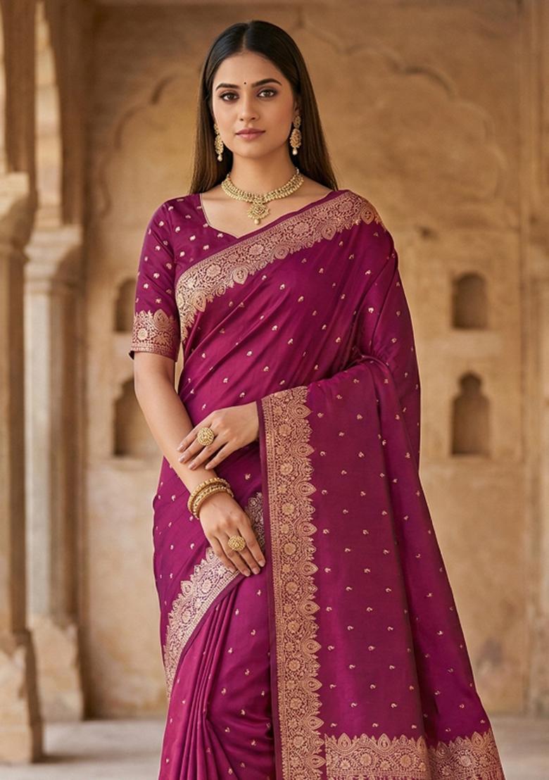 Pink Woven Design Silk Saree Set - Indya