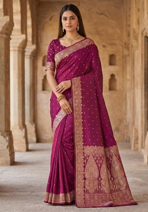 Pink Woven Design Silk Saree Set