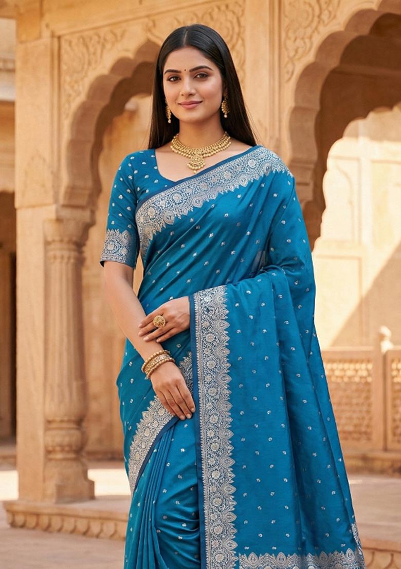 Teal Woven Design Silk Saree Set - Indya