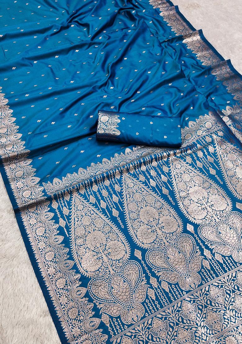 Teal Woven Design Silk Saree Set - Indya