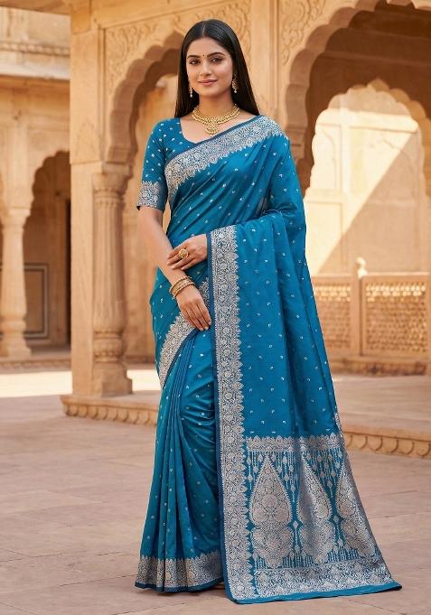 Teal Woven Design Silk Saree Set