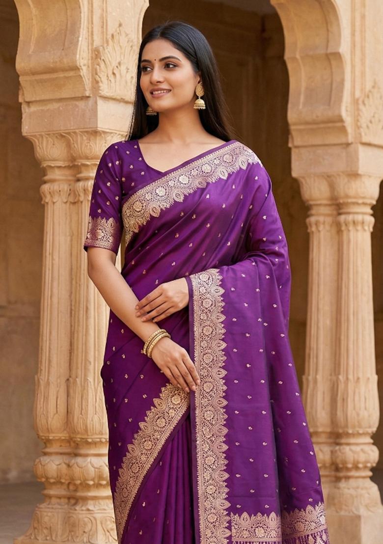 Purple Woven Design Silk Saree Set - Indya