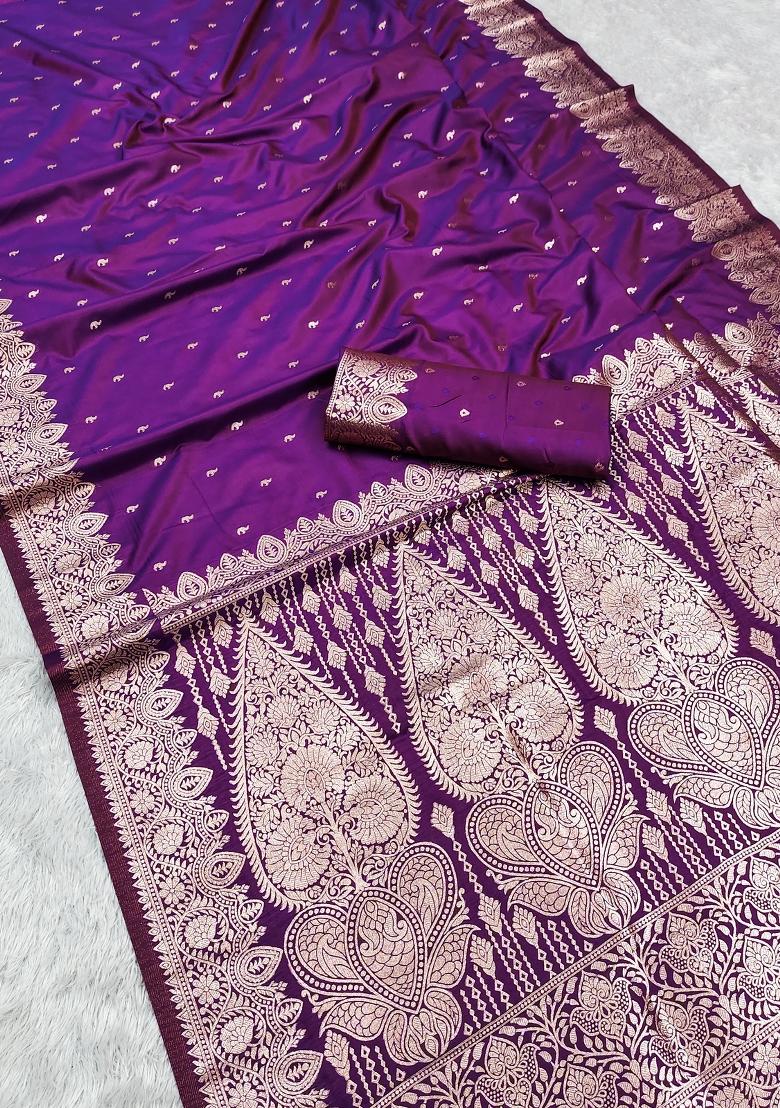 Purple Woven Design Silk Saree Set - Indya