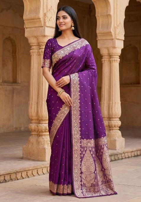 Purple Woven Design Silk Saree Set