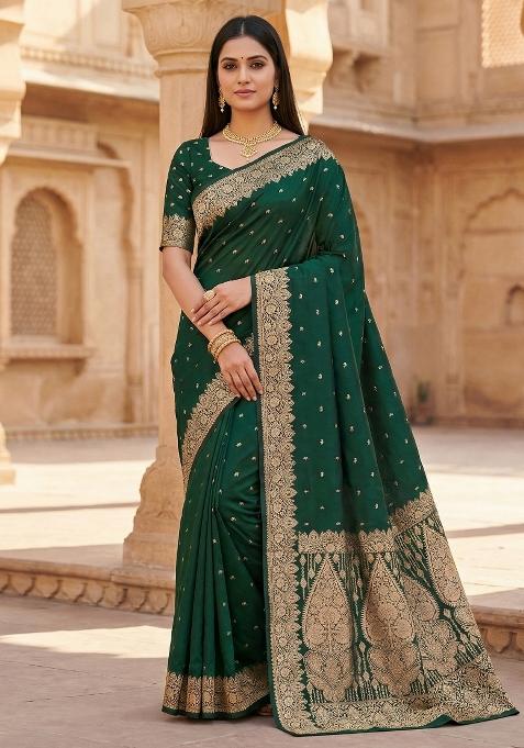 Green Woven Design Silk Saree Set