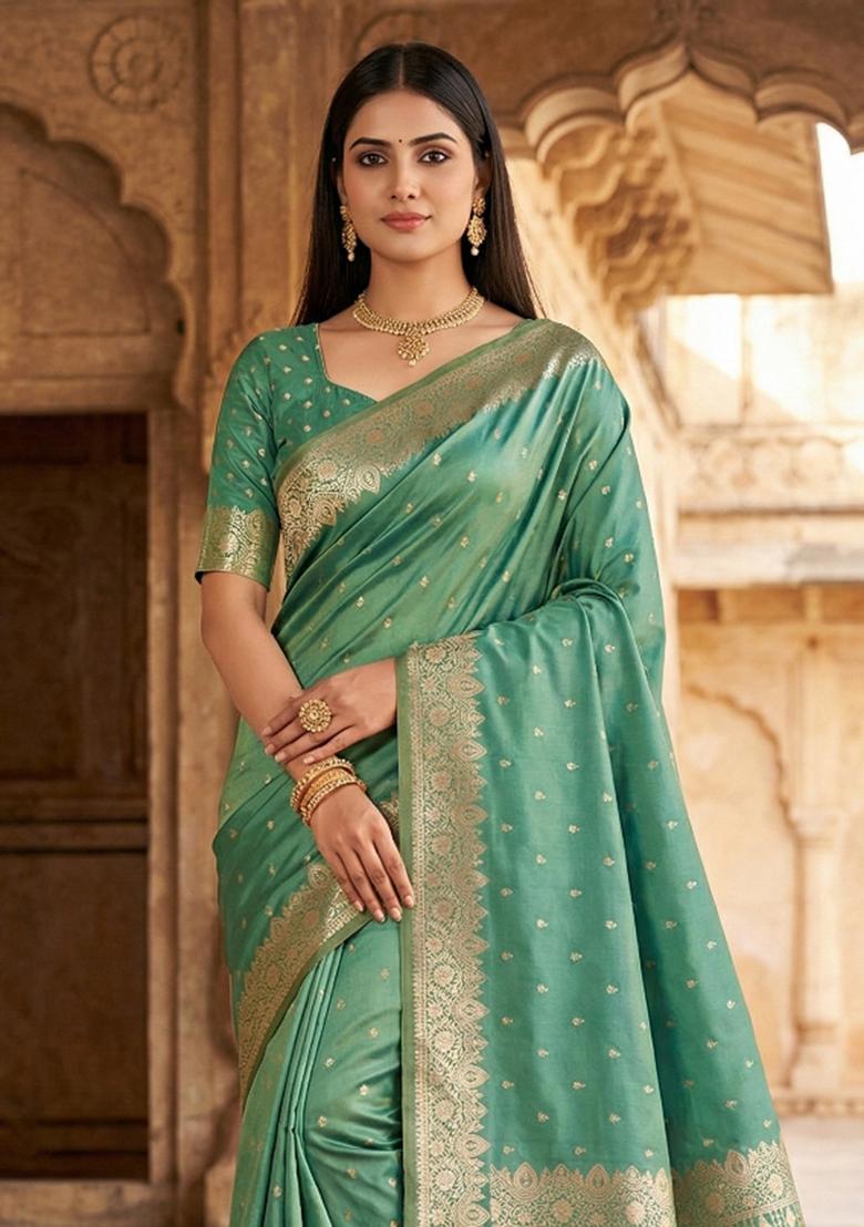 Light Green Woven Design Silk Saree Set - Indya