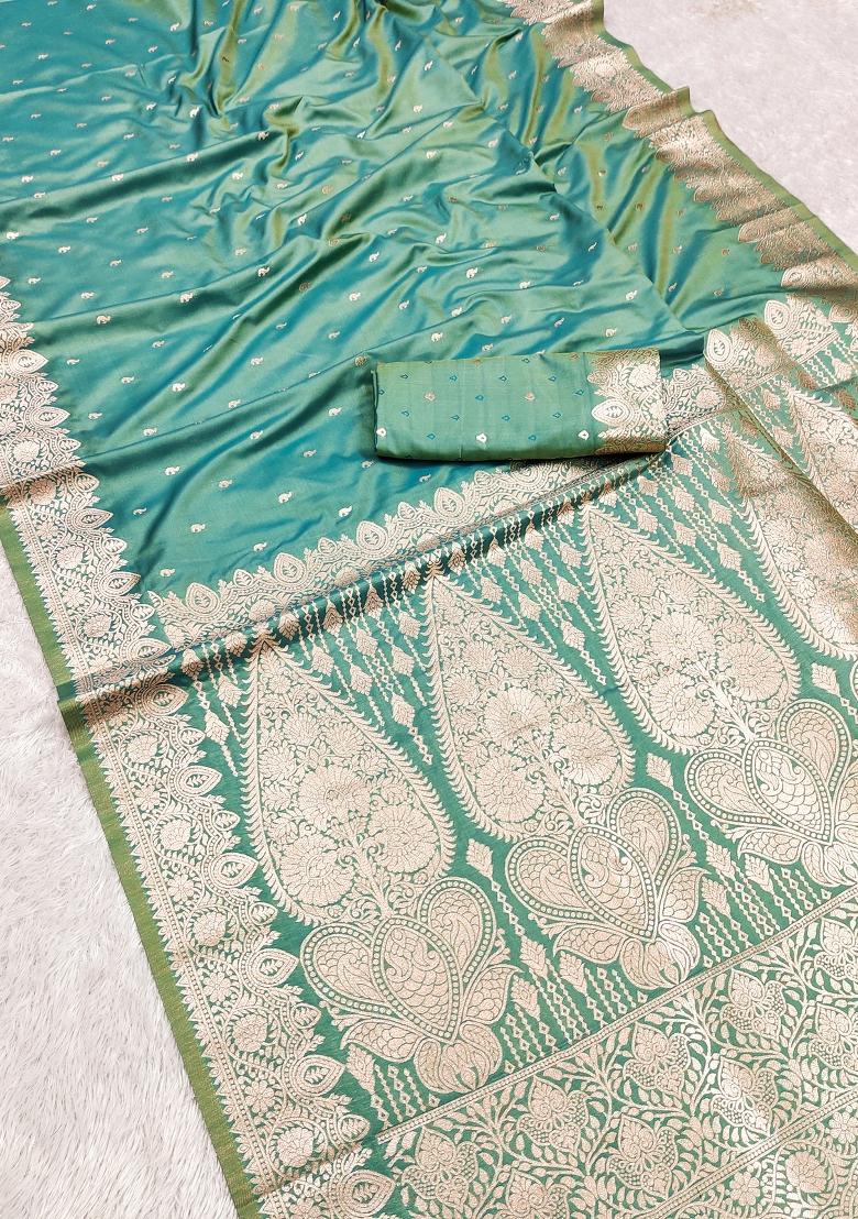 Light Green Woven Design Silk Saree Set - Indya