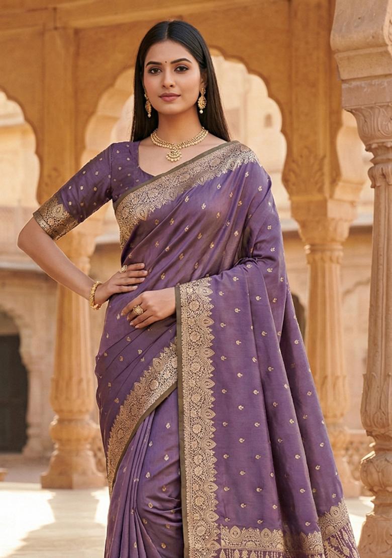 Lavender Woven Design Silk Saree Set - Indya