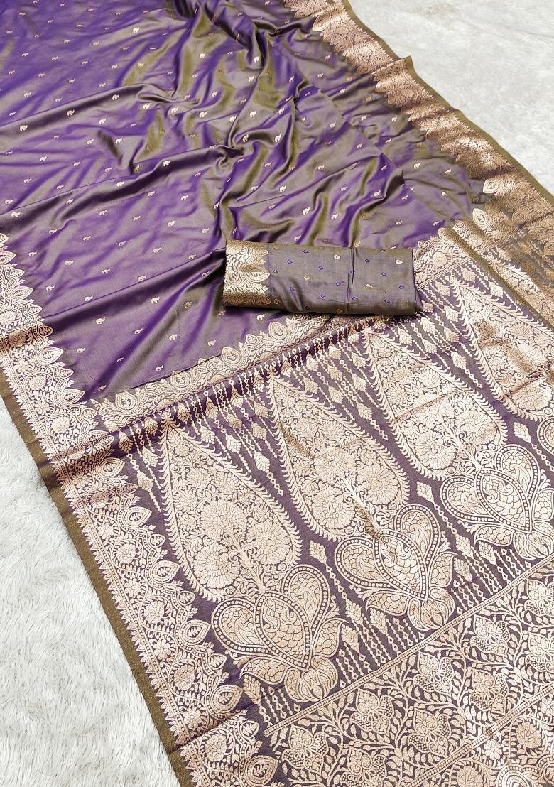 Lavender Woven Design Silk Saree Set - Indya
