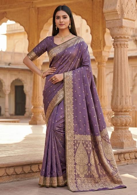 Lavender Woven Design Silk Saree Set