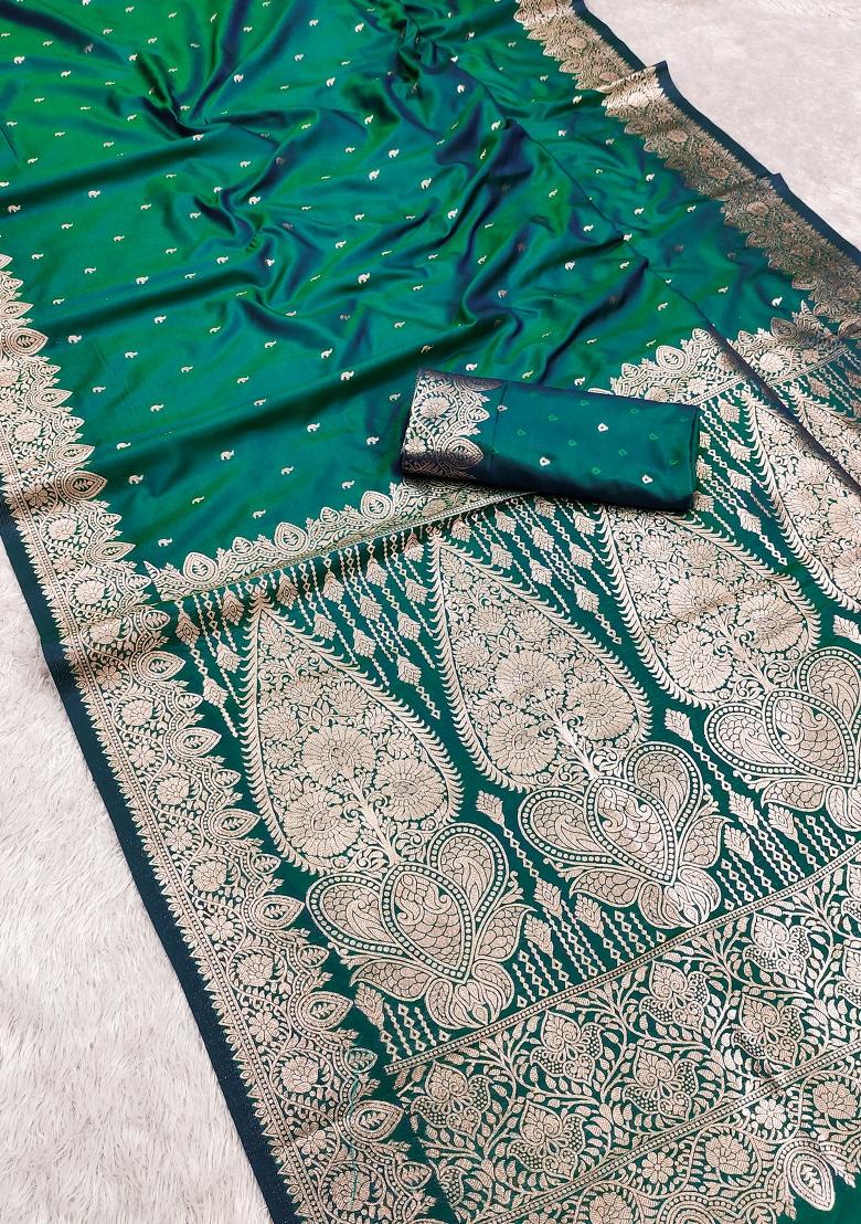Sea Green Woven Design Silk Saree Set - Indya