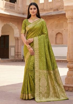 Parrot Green Woven Design Silk Saree Set