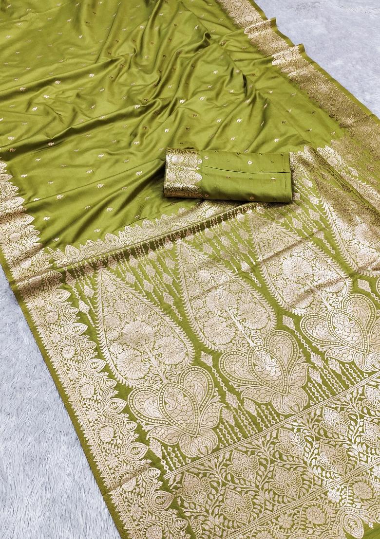 Parrot Green Woven Design Silk Saree Set - Indya