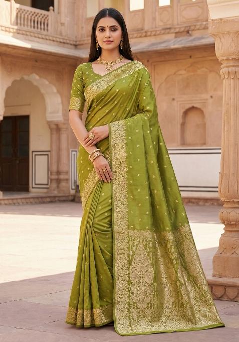 Parrot Green Woven Design Silk Saree Set