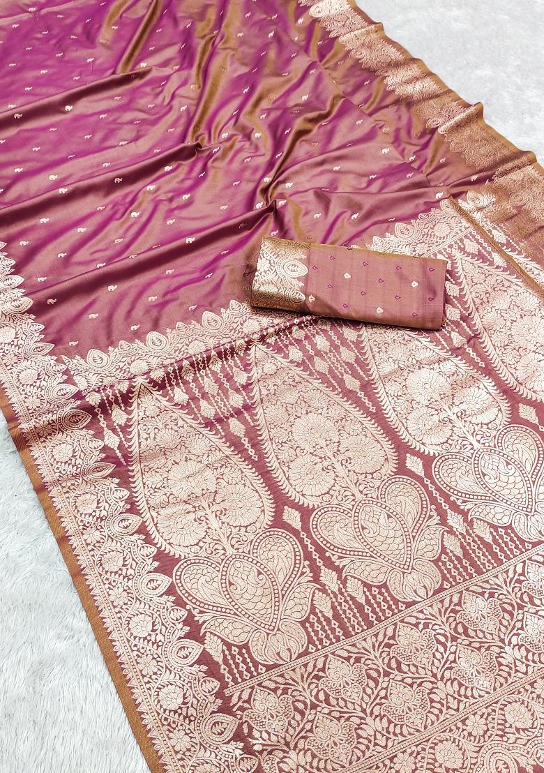 Onion Pink Woven Design Silk Saree Set - Indya
