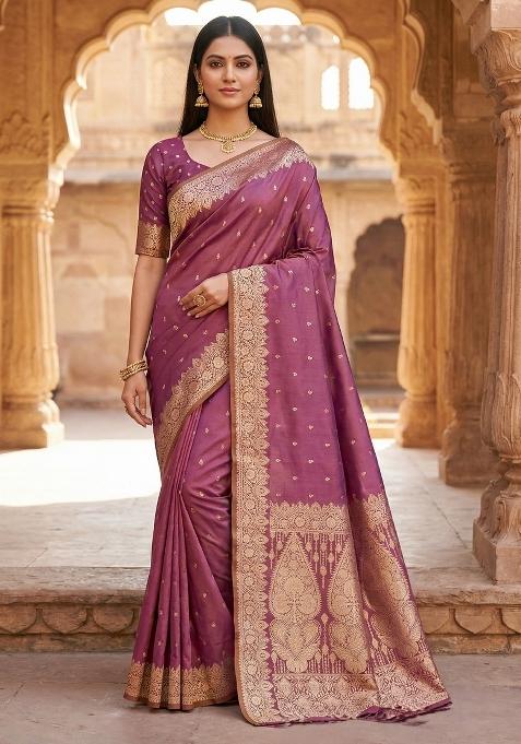 Onion Pink Woven Design Silk Saree Set