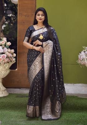 Black Woven Design Silk Saree Set