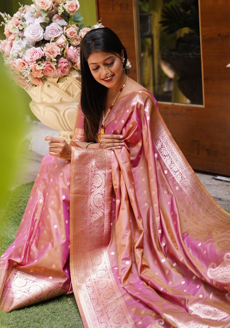 Onion Pink Woven Design Silk Saree Set - Indya