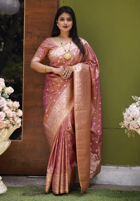 Onion Pink Woven Design Silk Saree Set