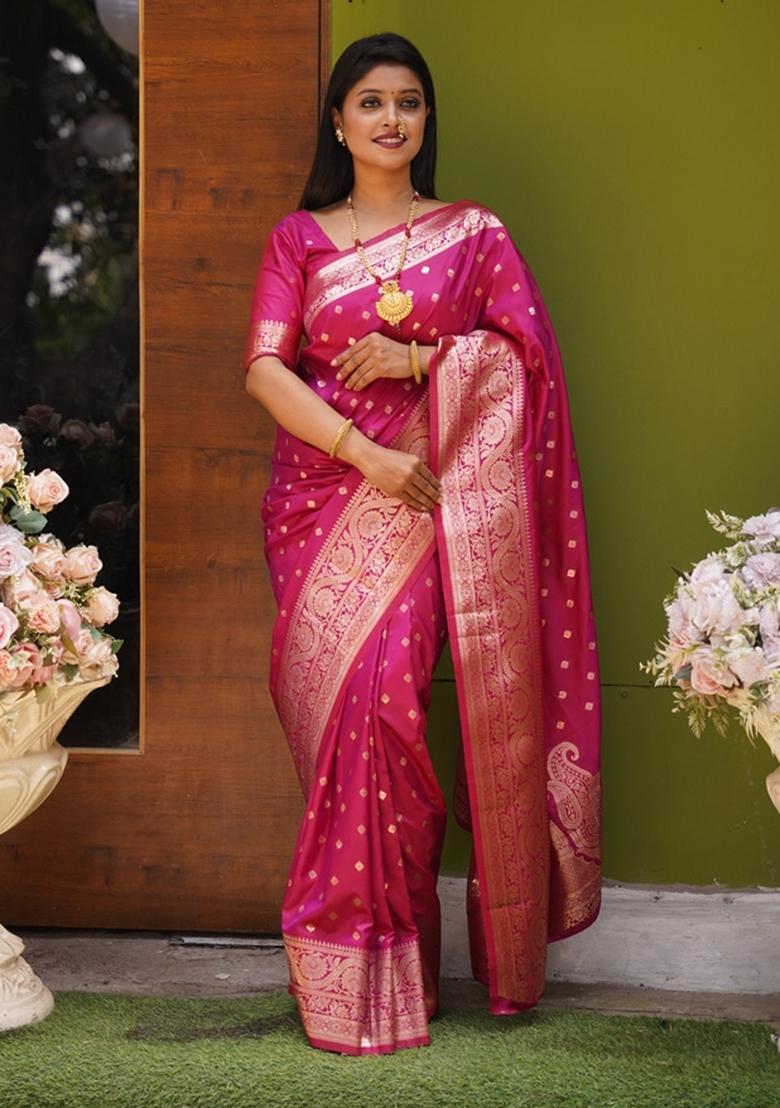 Pink Woven Design Silk Saree Set - Indya