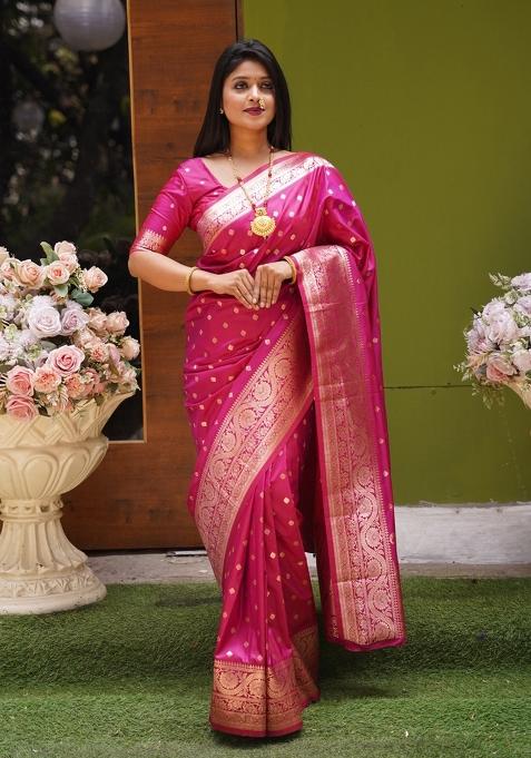Pink Woven Design Silk Saree Set