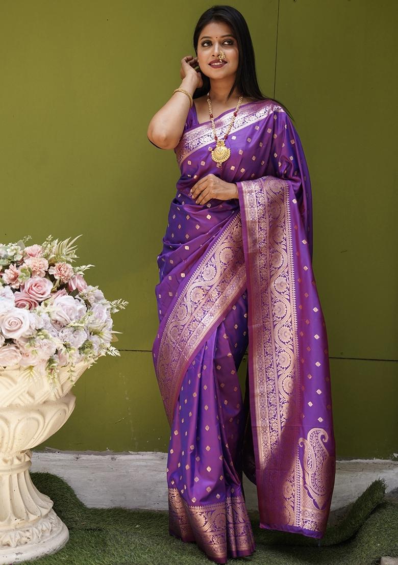Purple Woven Design Silk Saree Set - Indya