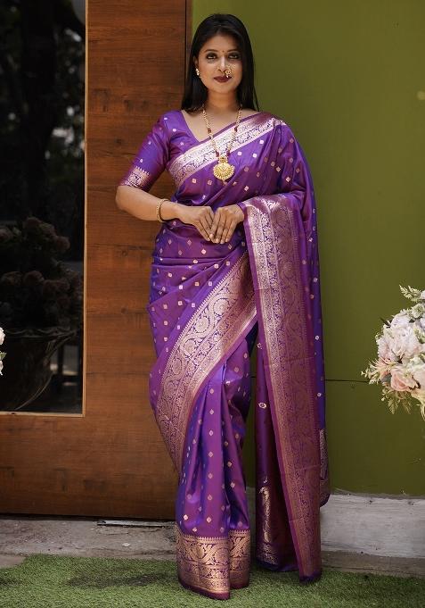 Purple Woven Design Silk Saree Set