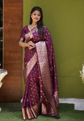 Wine Woven Design Silk Saree Set