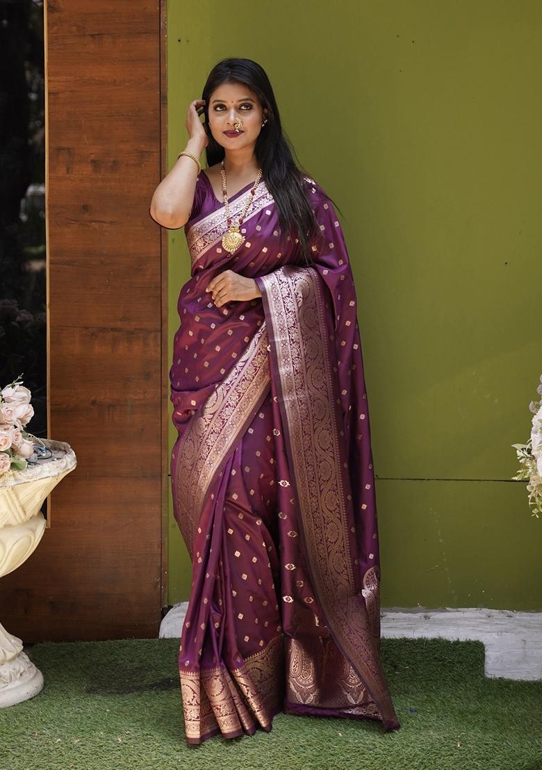 Wine Woven Design Silk Saree Set - Indya