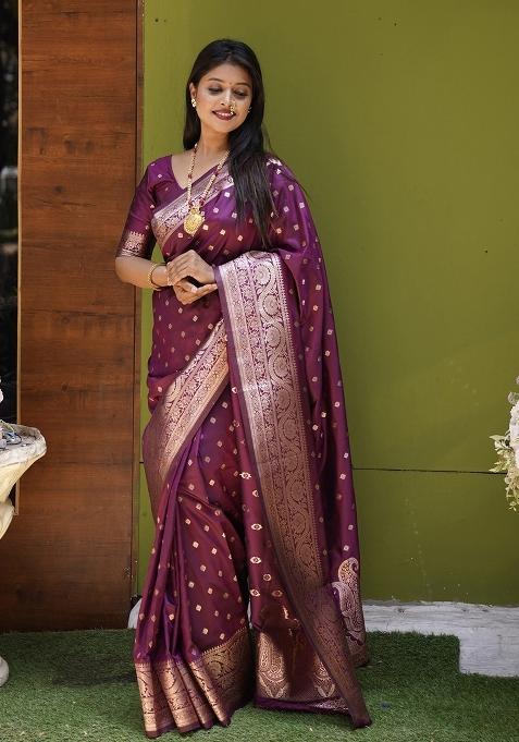 Wine Woven Design Silk Saree Set