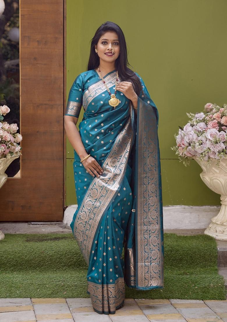 Sky Blue Woven Design Silk Saree Set - Indya