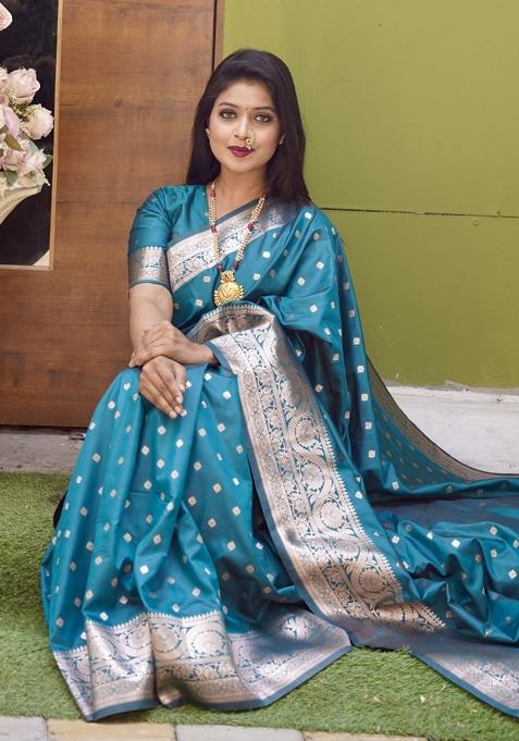 Sky Blue Woven Design Silk Saree Set