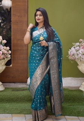 Sea Green Woven Design Silk Saree Set
