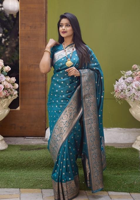 Sea Green Woven Design Silk Saree Set