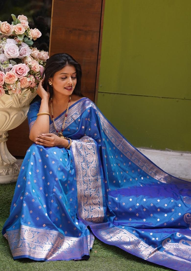 Blue Woven Design Silk Saree Set - Indya
