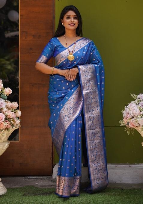 Blue Woven Design Silk Saree Set